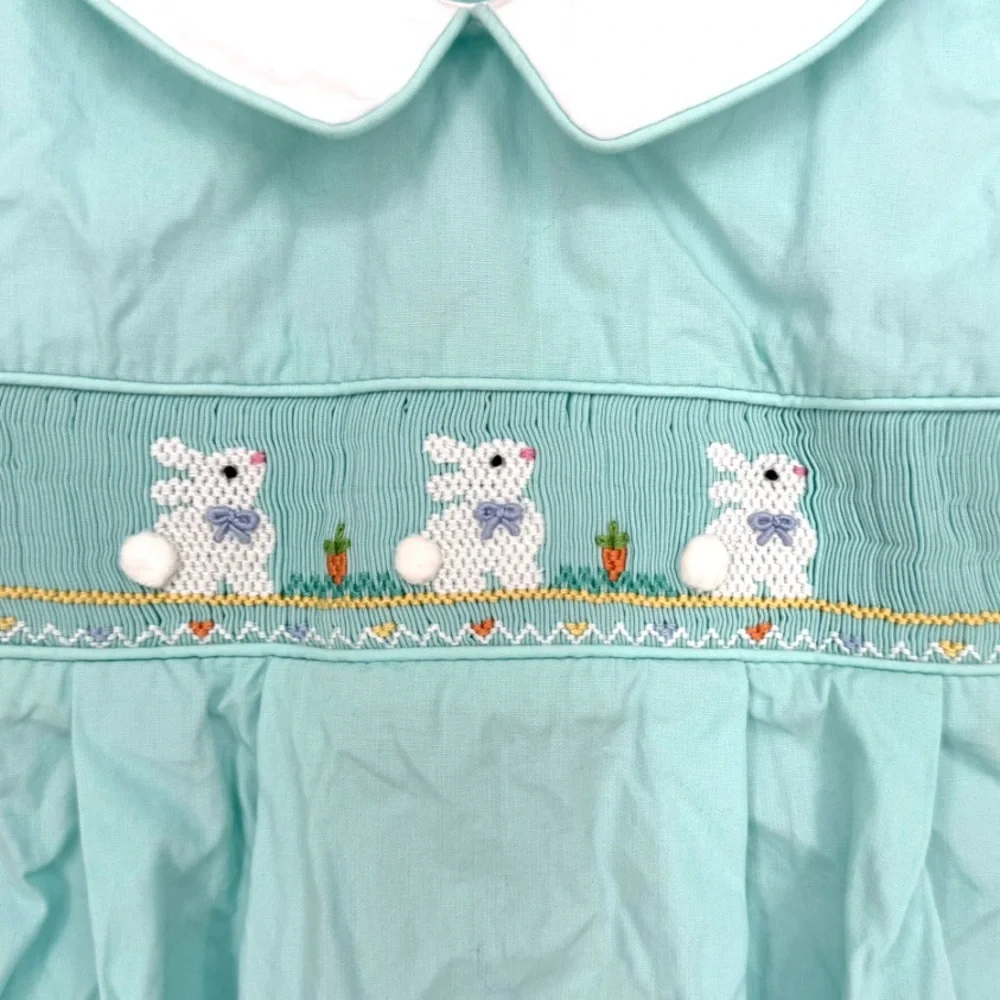 Petit Bebe Boys 9M Smocked Easter Bunnies Teal Bubble Spring Rabbit Short Sleeve